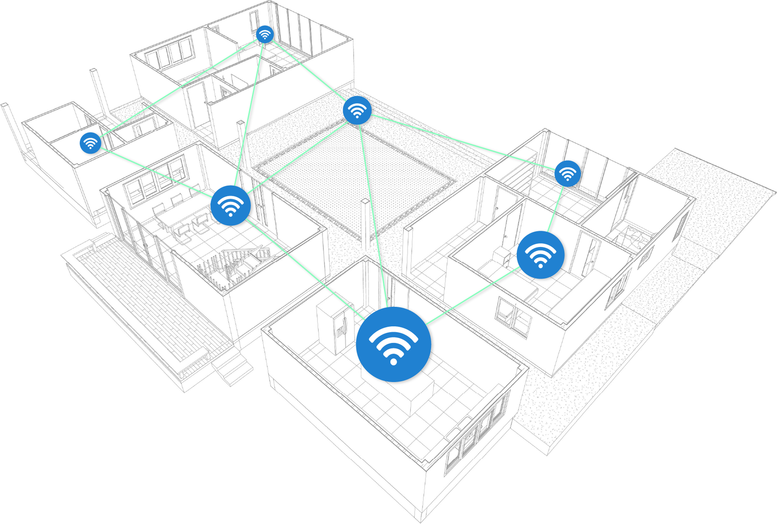 Casa con cobertura WiFi visualizada ambiente por ambiente
